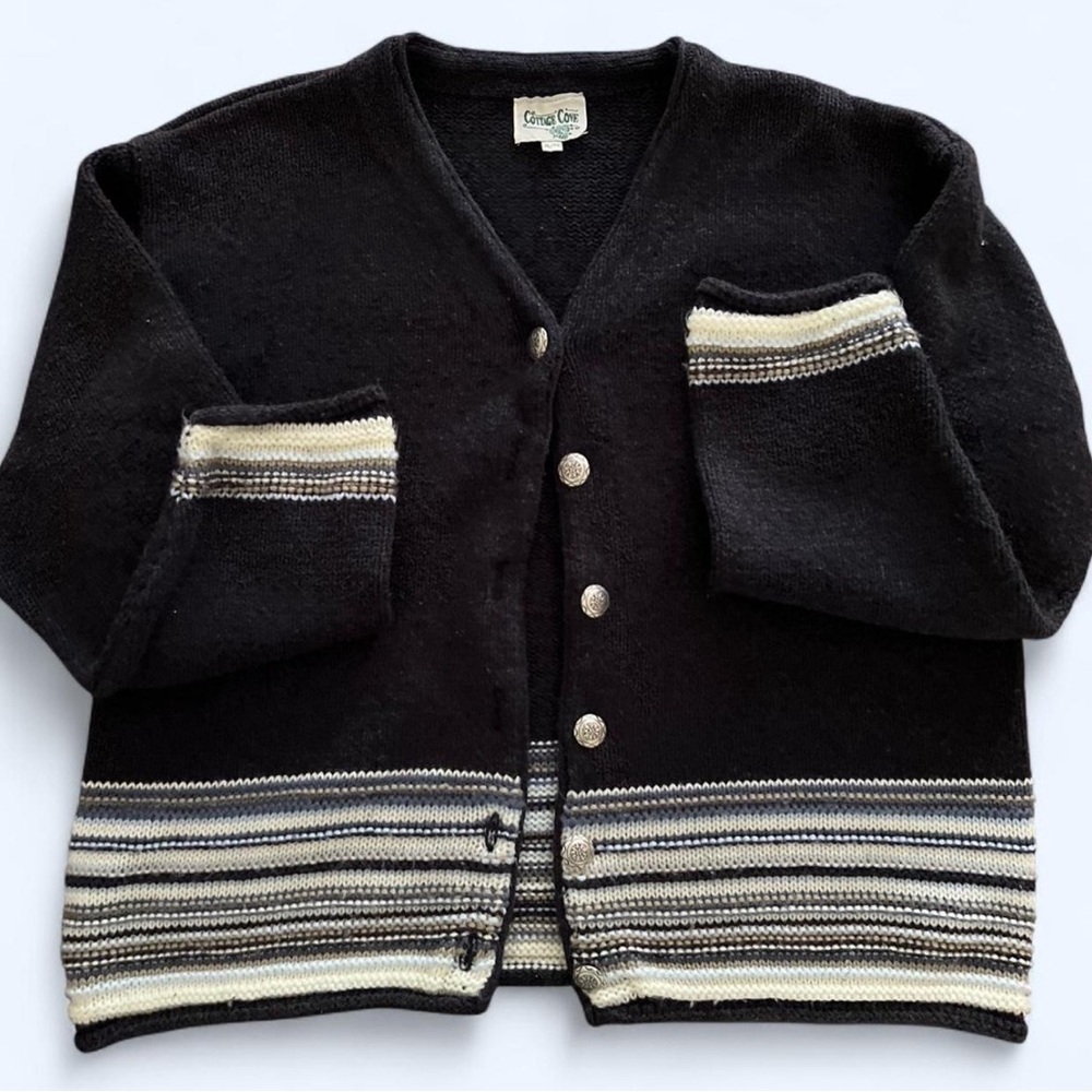 Vintage 90s Cottage Cove Blue Striped Chunky Knit Cozy Cardigan Sweater - Picture 6 of 12